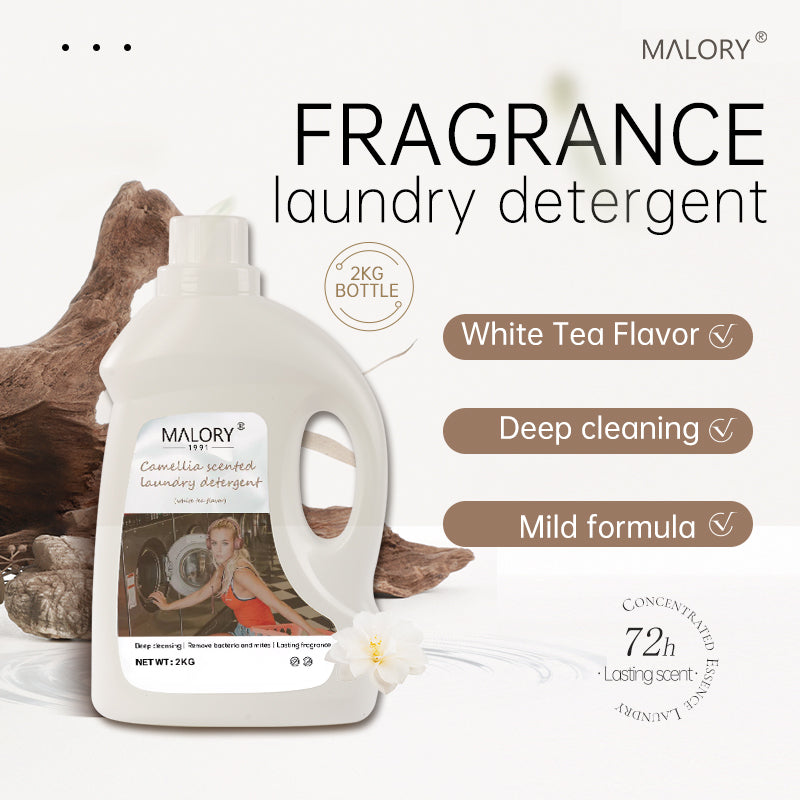 Promotional Image Highlighting Features of MALORY Camellia Scented Laundry Detergent